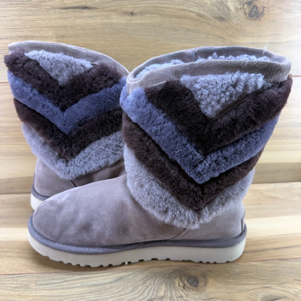 UGG Tania Chevron Stormy Gray Boots Womens 9 Suede Sherpa Fur Mid Calf Cozy - Picture 6 of 12